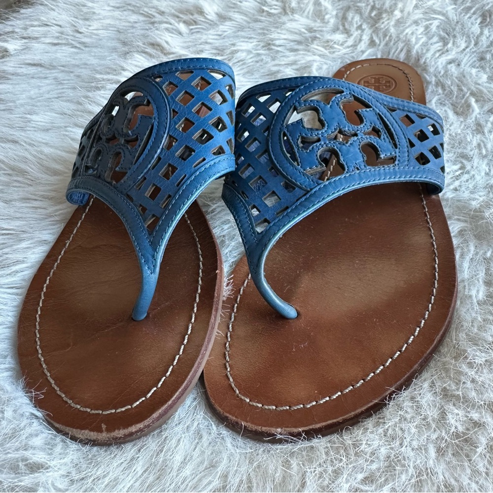 Tory Burch Blue mesh double T logo Sandals cut out flip flop - Picture 7 of 11